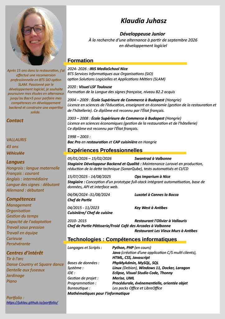 Aperçu du CV de Klaudia Juhasz — BTS SIO SLAM