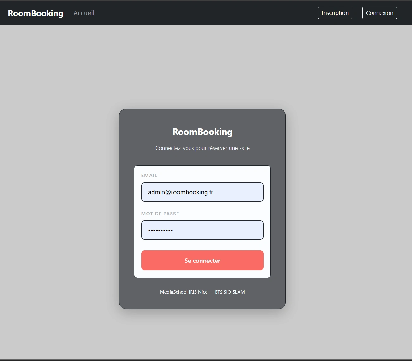 Page de connexion de l'application
