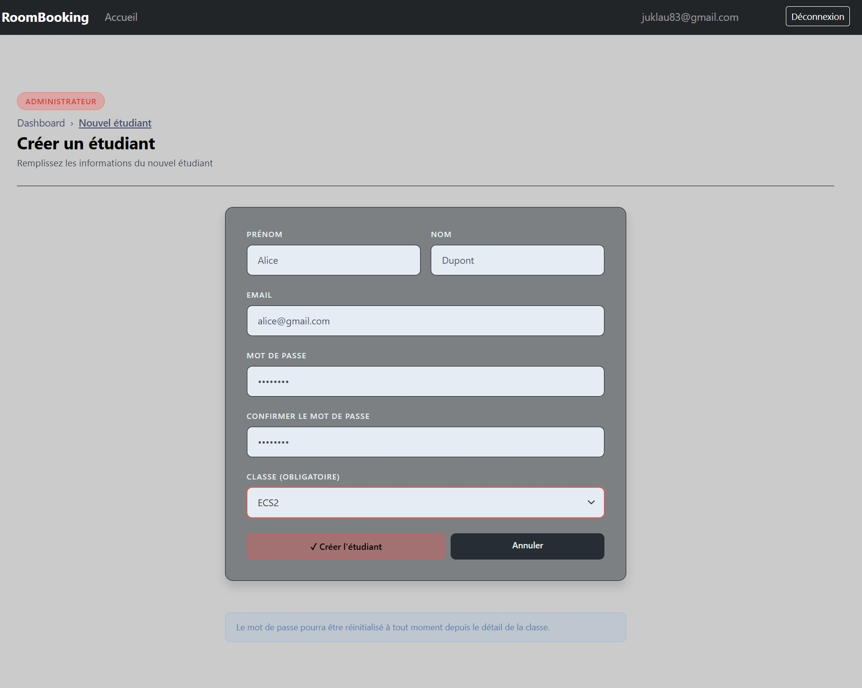 Création d'un compte étudiant