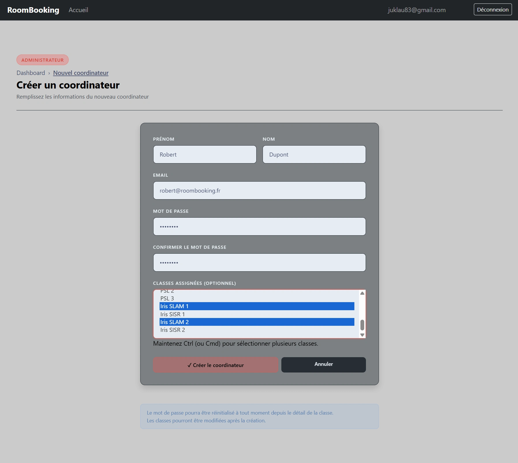 Création d'un compte coordinateur