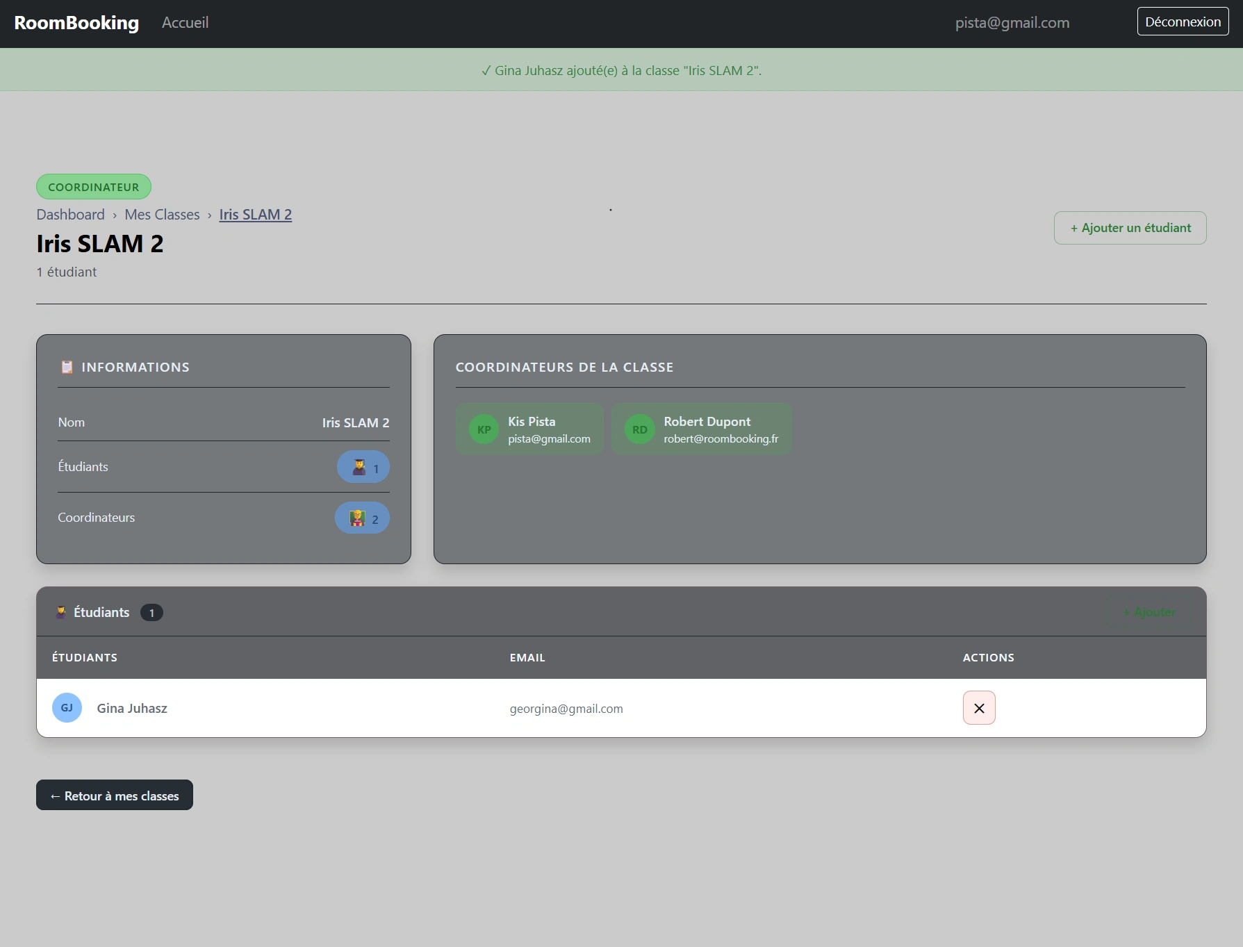 Détail d'une classe et liste des étudiants