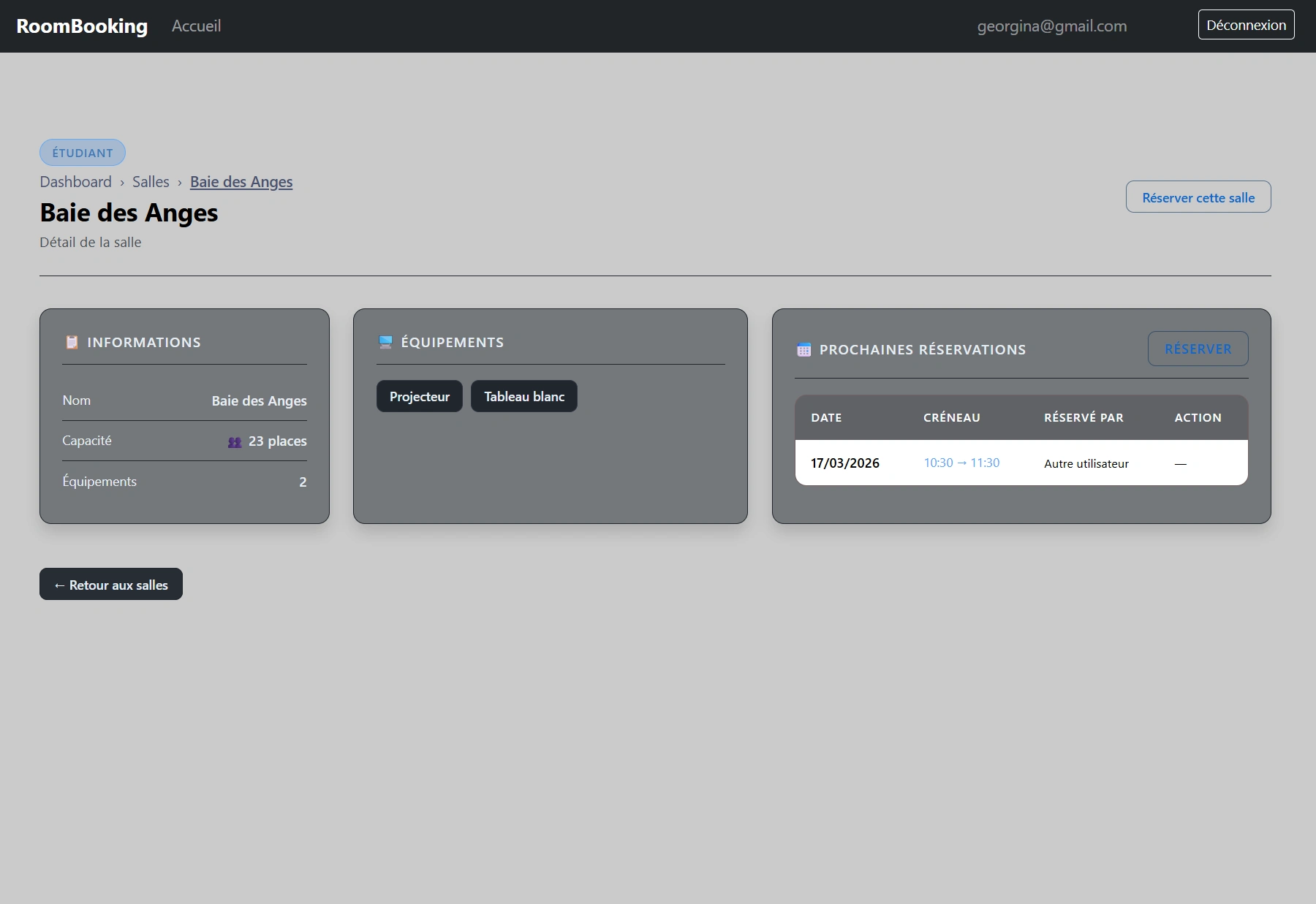 Consultation du détail d'une salle — interface étudiant