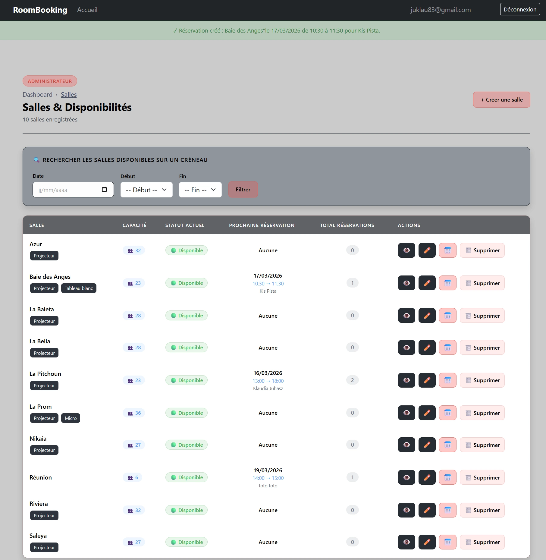 Consultation de la liste des salles