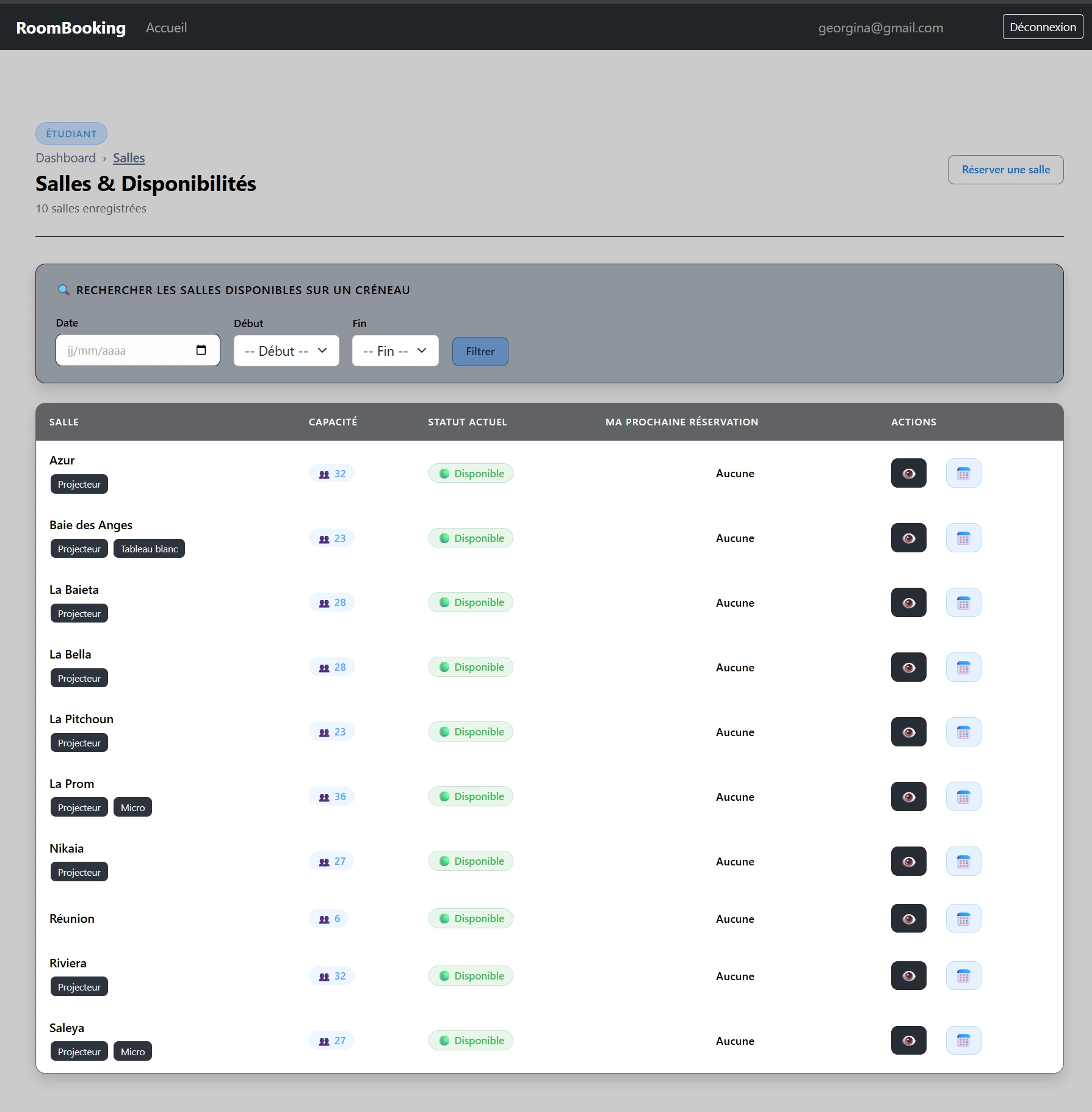 Consultation des salles — interface étudiant