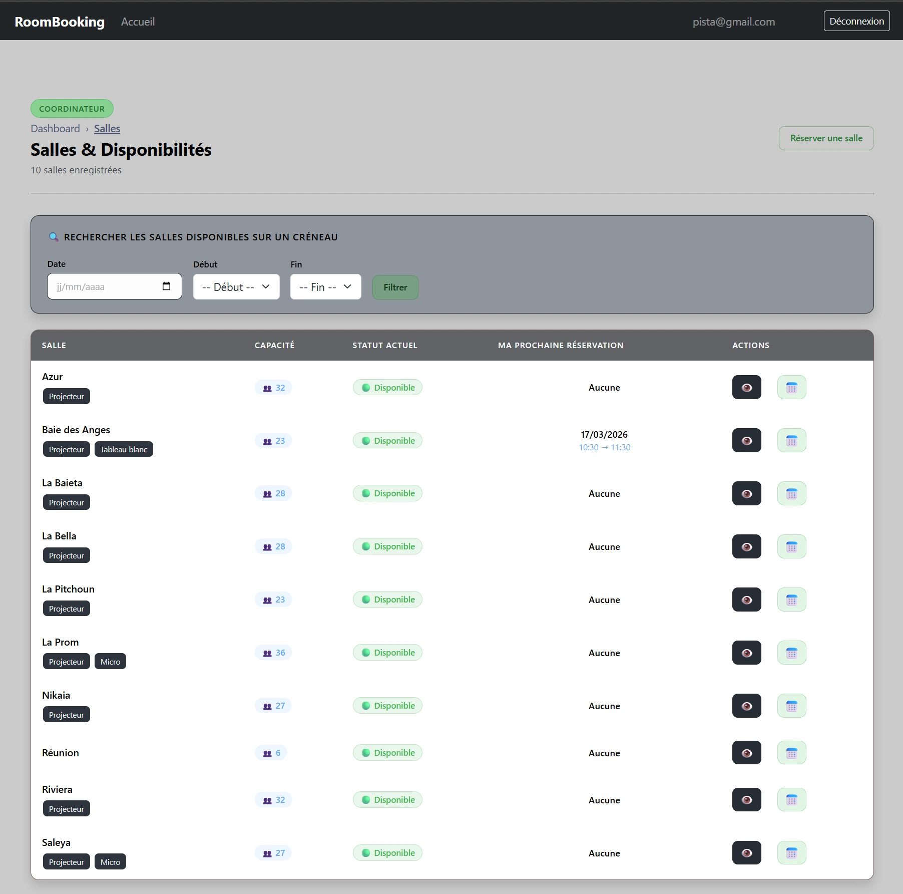 Consultation des salles — interface coordinateur