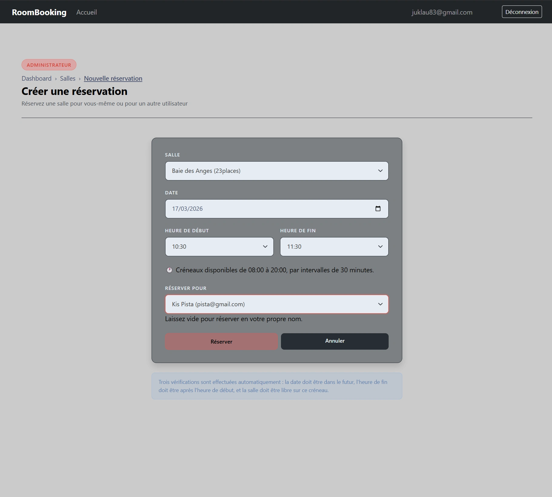 Formulaire de réservation d'une salle