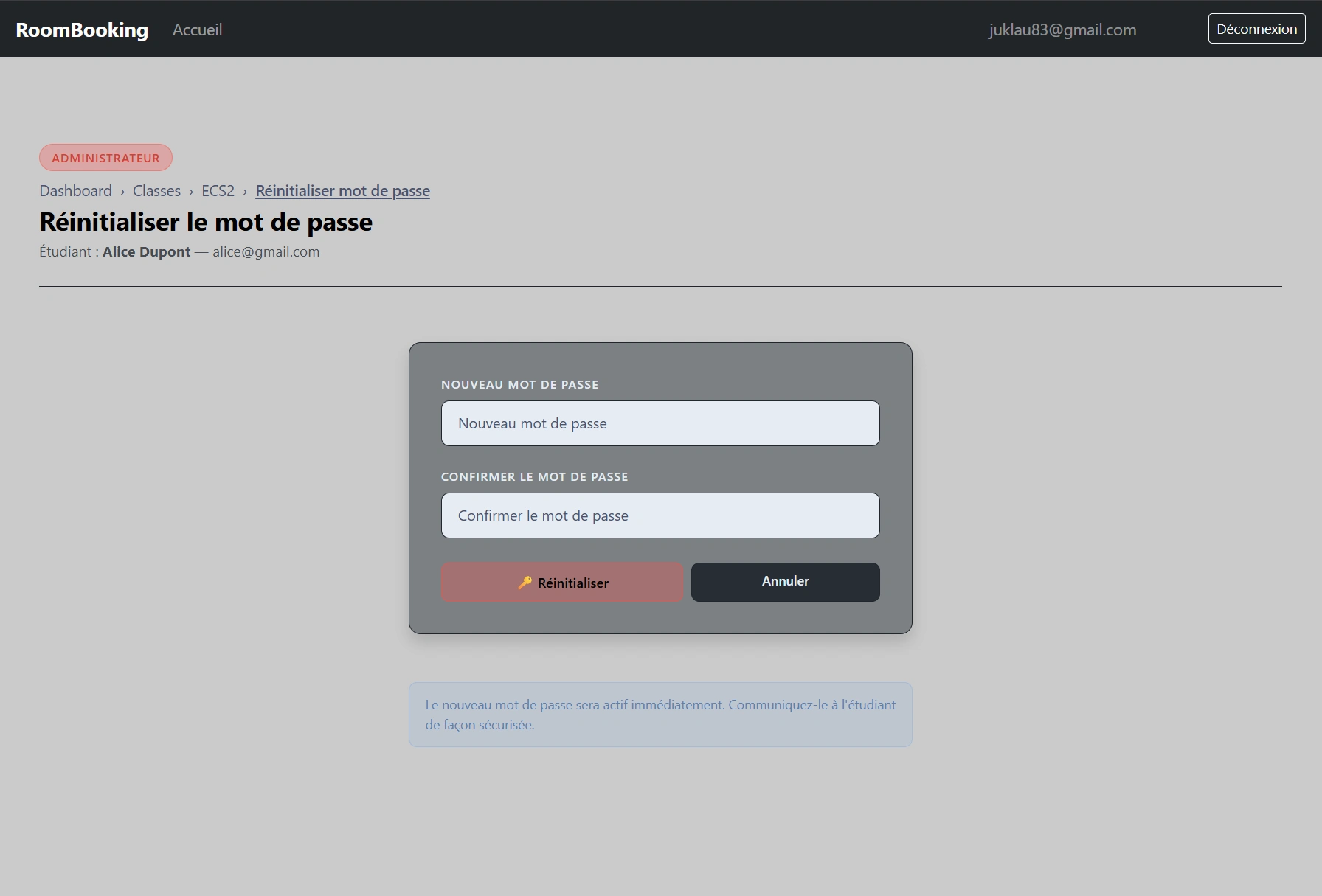 Réinitialisation du mot de passe d'un utilisateur